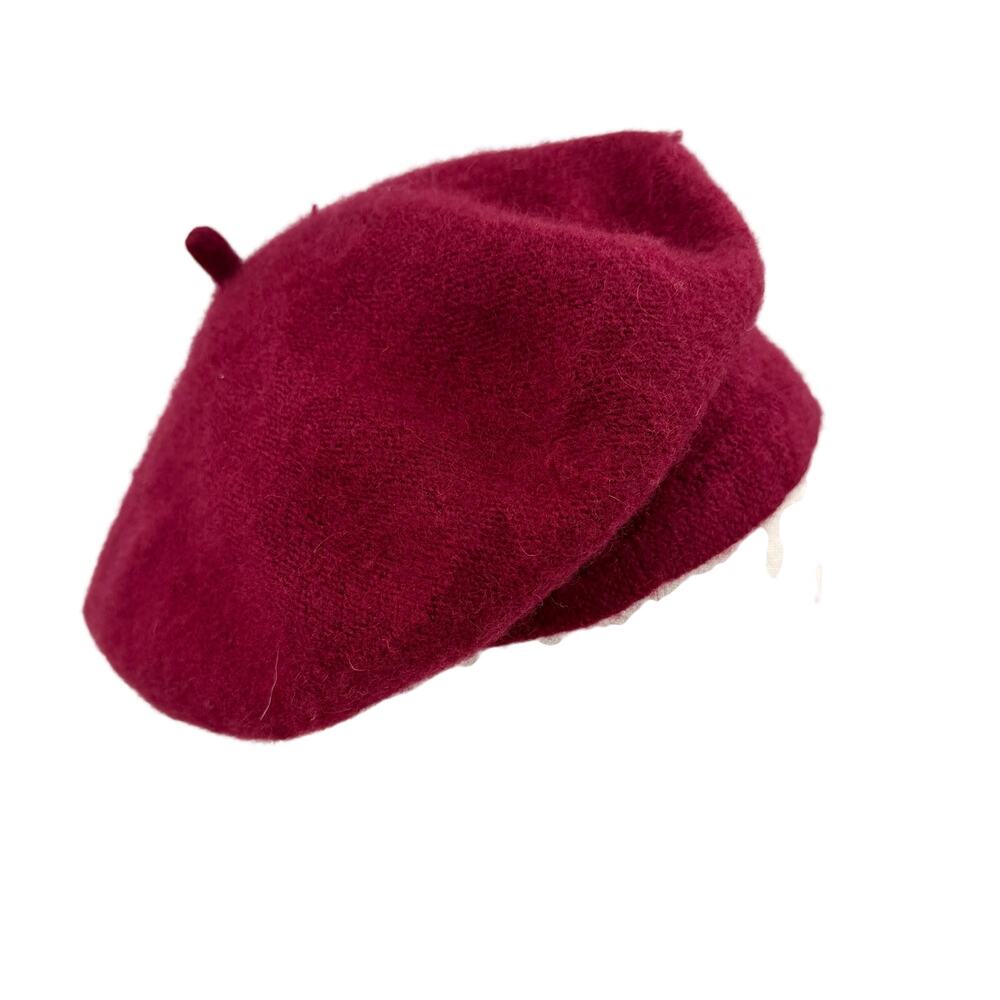 Vintage 90s Raspberry Maroon 100% Wool Slouchy French Beret Hat - Picture 2 of 7